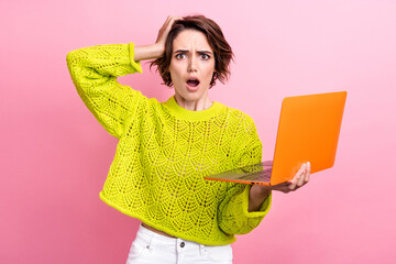 Photo of stressed young funny girl hand touch head confused her code broken nothing launches...