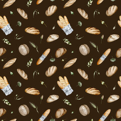 Baking bread background. Watercolor seamless pattern food hand drawn on a dark background. French baguette and loaf with plants. Packaging design for bakery and farm.