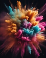 Fototapeta premium Colorful dust explosion in black background, close up view