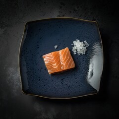 salmon sashimi on a blue plate. haute cuisine. luxury food. fresh fish.