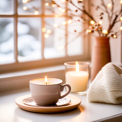Fototapeta na wymiar flame from candle Candles in glasses placed on cloth, coffee cups on the table in the middle of the living room by the window. Create a comfortable atmosphere warm and quiet cozy winter background