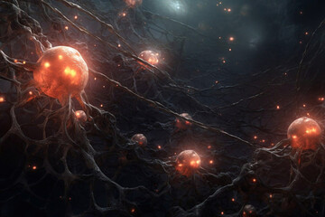 Neurons cells with glowing in human brain synapses Nervous system. Nerve cells background