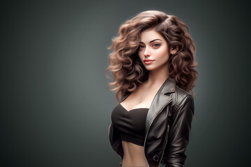 Naklejka premium Stylish Woman with Curly Hair Wearing Black Leather Jacket on Grey Background.