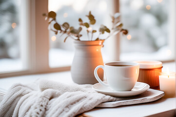 Obraz na płótnie Canvas flame from candle Candles in glasses placed on cloth, coffee cups on the table in the middle of the living room by the window. Create a comfortable atmosphere warm and quiet cozy winter background