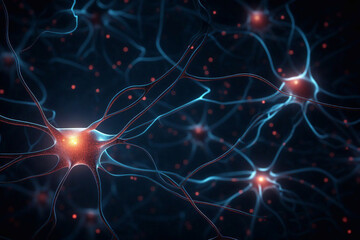Neurons cells with glowing in human brain synapses Nervous system. Nerve cells background
