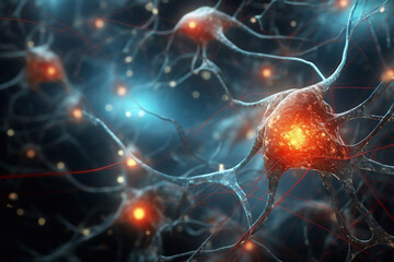 Neurons cells with glowing in human brain synapses Nervous system. Nerve cells background