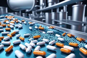 Fiktive Pharmaproduktion: Digitale Illustration mit Fördertechnik, Medikamenten in Form von Pillen und Tabletten - obrazy, fototapety, plakaty