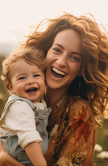 Maternal Bliss: Beautiful Mother and Child Sharing Laughter Outside