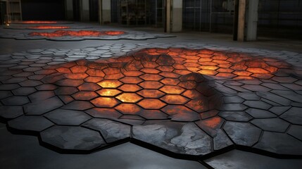 a scene of fire on the concrete floor