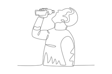 A man drinks water from a bottle. World water day one-line drawing