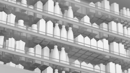 Shelves with products in a grocery store. Shopping in supermarket. Shelves and showcases in the trading floor of the supermarket. Camera movement along. 3d rendering