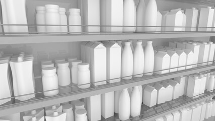 Shelves with products in a grocery store. Shopping in supermarket. Shelves and showcases in the trading floor of the supermarket. Camera movement along. 3d rendering