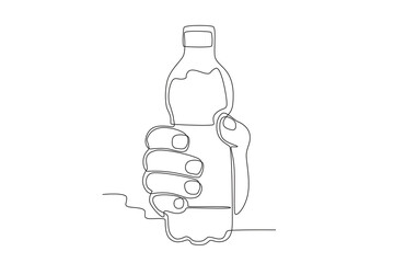 Front view of a hand holding a bottle of water. World water day one-line drawing
