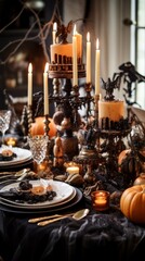 Fototapeta na wymiar a halloween inspired table with candles 
