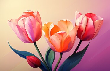 Vibrant pink and orange tulips in full bloom on a gradient background: the perfect illustration for the spring holidays