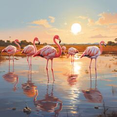 A group of flamingos wading in a sunlit lagoon.