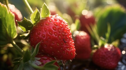 strawberry with dew at farm field in the morning