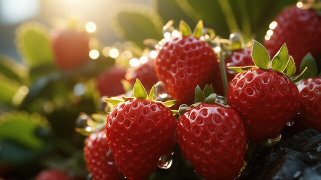 strawberry with dew at farm field in the morning