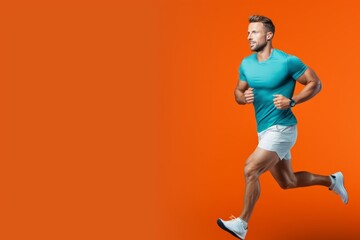 Athlete performing intense running and strength training in studio on solid background