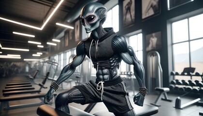 An alien with a muscular physique working out in the gym