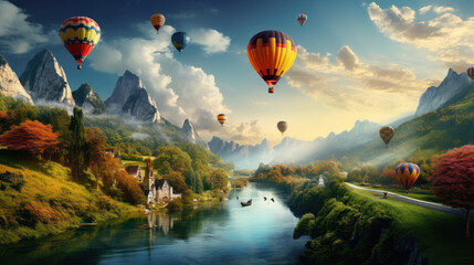 Serene Skies: Hot Air Balloons Drifting Over River and Landscape