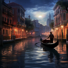 A lone gondola drifting along a serene canal.