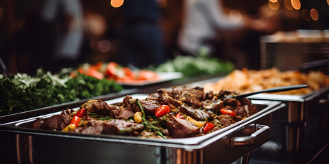 Grilled meat and vegetables, Food on a buffet table at the hotel, Group of people on catering buffet food indoor in restaurant with grilled meat Buffet service, generative AI

 - obrazy, fototapety, plakaty
