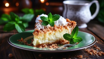 Scrumptious coconut cream pie with creamy filling and shredded coconut on rustic wooden background - obrazy, fototapety, plakaty