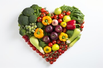 Colorful heart shaped fruit and vegetable arrangement on white background, top view perspective