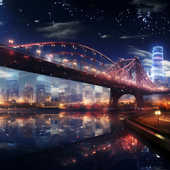 A modern bridge illuminated by the lights of a bustling city.