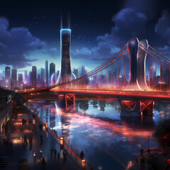 Fototapeta na wymiar A modern bridge illuminated by the lights of a bustling city.