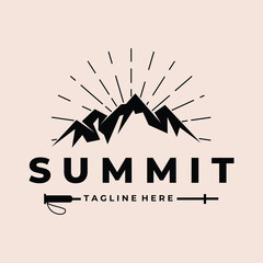 Mountain peak summit logo design. Outdoor hiking adventure icon - obrazy, fototapety, plakaty