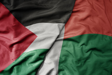 big waving national colorful flag of madagascar and national flag of palestine .