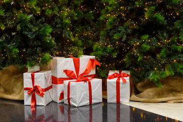 boxes with gifts under the Christmas tree, Christmas and New Year concept