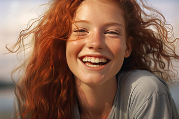 portrait of smiling female with freckled teetering face