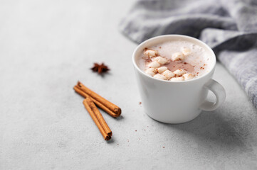White mug of hot cocoa or chocolate with whipped cream and marshmallows, cinnamon sticks and anise...