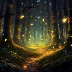 A mysterious forest with glowing fireflies.