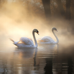 A pair of swans gliding across a mist-covered pond.