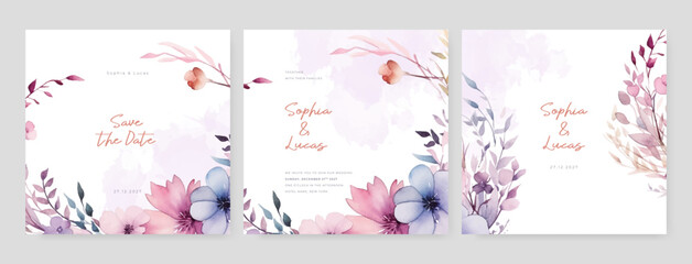 Pink blue and purple violet cosmos beautiful wedding invitation card template set with flowers and floral