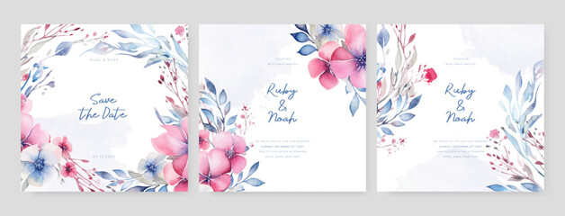 Pink and blue frangipani luxury wedding invitation with golden line art flower and botanical leaves, shapes, watercolor