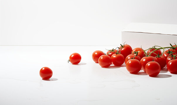 The Carton is in the middle of the frame, and the ground around it is littered with tomatoes, studio photography, white background, minimalist