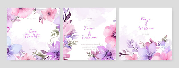 Pink blue and purple violet poppy elegant wedding invitation card template with watercolor floral and leaves