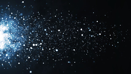 Background of bright particles flying horizontally. Dynamic white particles float chaotically in slow motion in space. Shimmering sparkling particles. Real light particles in the air. 3D