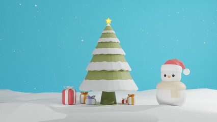 Cute little snowman with Christmas tree in the middle and present boxes. Light blue back ground with snow fall. 3D illustration