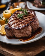A delicious grilled steak with a sauce on a plate in a restaurant.

