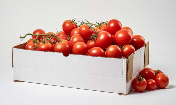The Carton is in the middle of the frame, and the ground around it is littered with tomatoes, studio photography, white background, minimalist