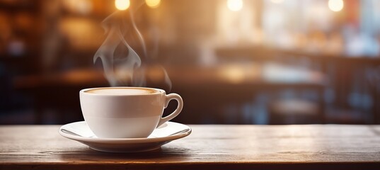 Steaming cup of freshly brewed coffee on table with blurred background and copy space
