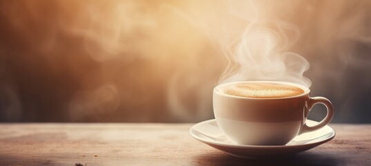 Steaming cup of coffee on table with blurred background, ideal for morning shots and text placement
