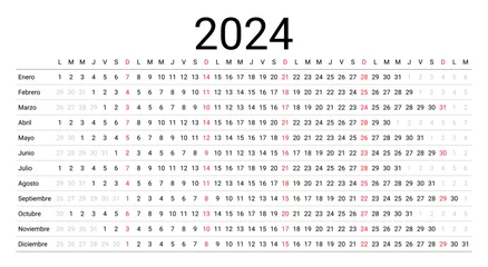 Foto op Canvas 2024 Spanish calendar. Linear planner for year. Yearly horizontal calender template. Table schedule grid. Desk timetable with 12 months. Week starts Monday. Landscape orientation. Vector illustration. © maradaisy