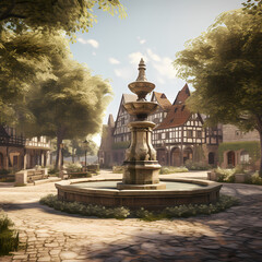 A peaceful village square with a historic fountain.